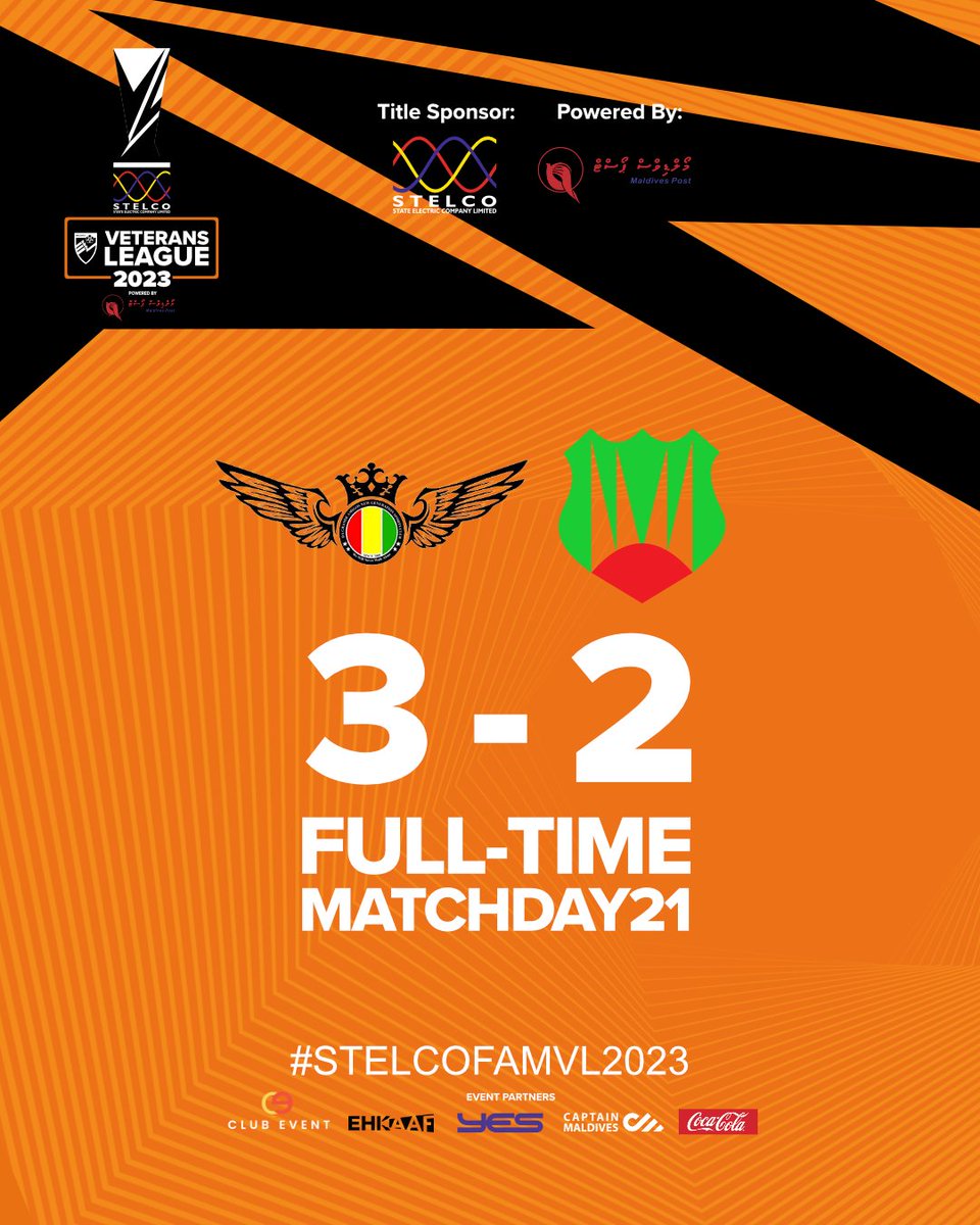 #STELCOFAMVL2023MD21  
Full-time
#DaGrandeNewGenerationSportsClub 3
#HurriyyaVeterans 2
.
#STELCOFAMVL2023 #famveteransleague2023 #famveterans #FAMVL2023 #PowerdByMaldivesPostLtd