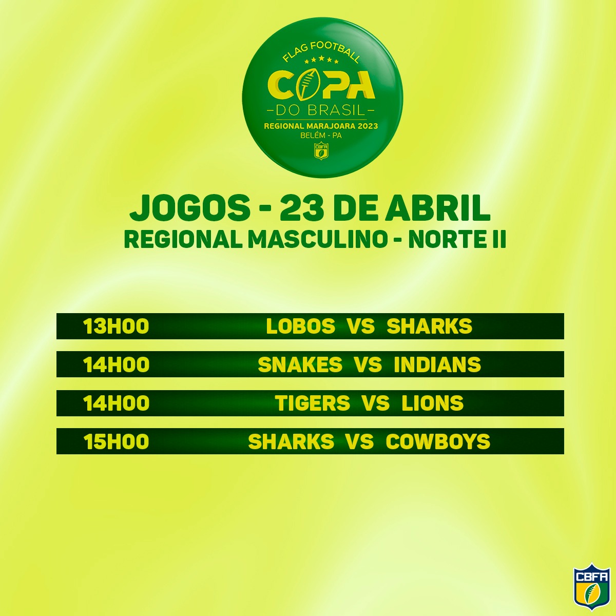 E neste fim de semana também será realizado o Regional Norte II - Marajoara da Copa do Brasil de Flag Football Masculino!

7 equipes vão se enfrentar nos dois dias de competição!

#flag 
#flagfootball 
#cbfa 
#copadobrasildeflag