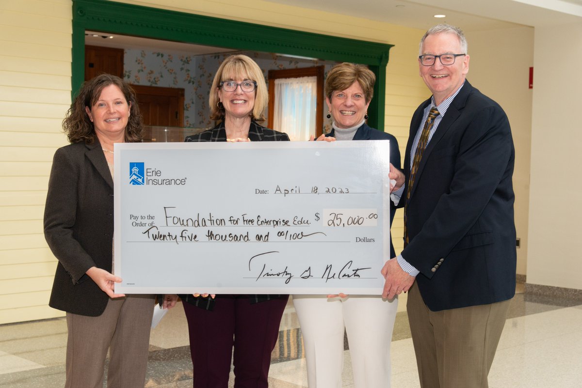 PFEW_ORG's tweet photo. Every day, @erie_insurance creates bright futures. Their investment in youth education changes young lives. We are forever grateful. Pictured here (l to r): Karen Musante, FFEE; Chris Marsh and Ann Scott, ERIE Insurance; and Scott Lee, FFEE. Thank you, ERIE! #erieinsurance https://t.co/K3xbtmEtAG