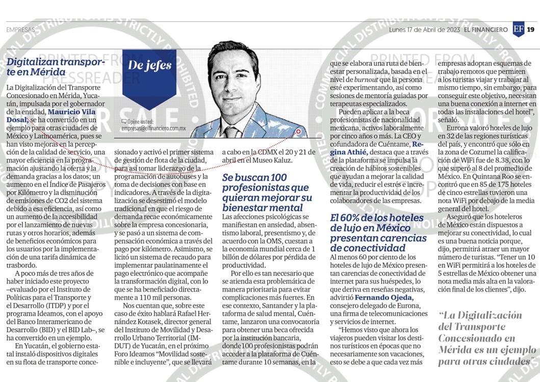 ITDPmx's tweet photo. "La Digitalización del transporte en Mérida, Yucatán impulsada por el Gobierno de Yucatán se ha convertido en un caso de ejemplo para otras ciudades"
Nota de @ElFinanciero_Mx
De esto nos estará hablando el Gobernador @MauVila y el equipo del @ImdutYucatan en el Foro #IDEAMOS https://t.co/81gWGgJMuc