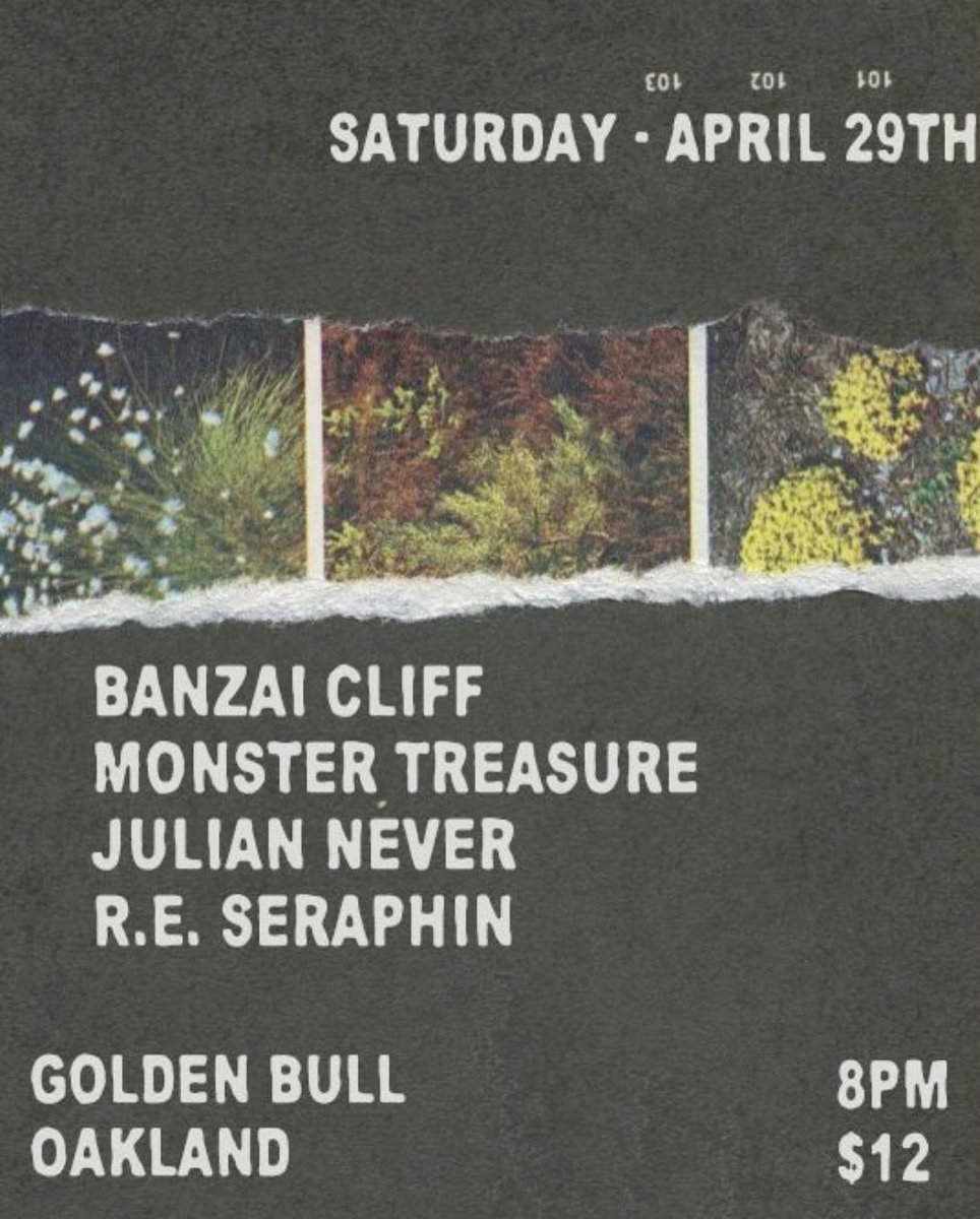 BanzaiCliff's tweet photo. Attn: Oakland! Extremely psyched to be playing this rad show next weekend with some old &amp; new friends:

Julian Never
R.E. Seraphin
Monster Treasure
Banzai Cliff

Saturday 4/29 @ Golden Bull. All these bands crush, it’ll be a hoot, SEE YOU THERE https://t.co/NBPAbJuKqp