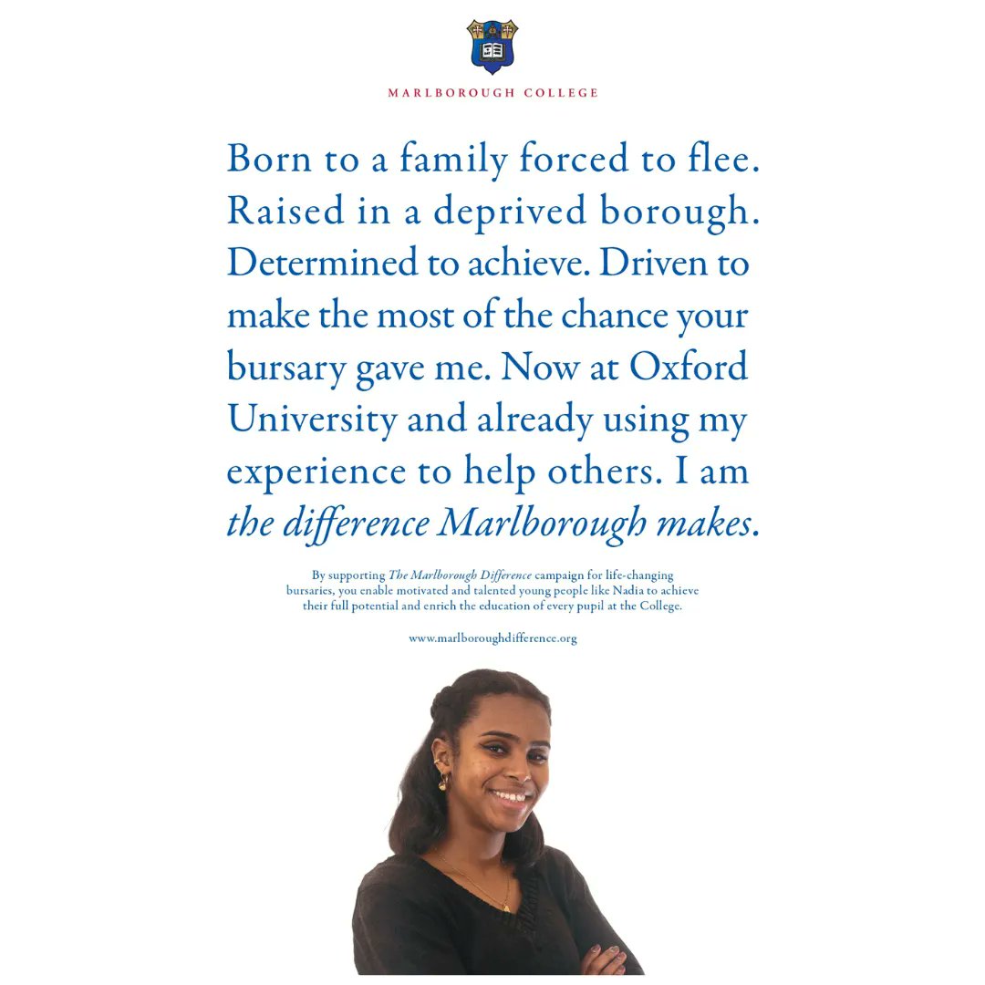 OldMarlburians's tweet photo. Nadia is the daughter of a Somalian refugee and was raised in Leyton, one of East London’s most deprived communities. In the two years at Marlborough Nadia excelled, securing a place at the University of Oxford to read French. 

https://t.co/8m5rvmLws6  
#MarlboroughDifference https://t.co/0hpkjd0FB1