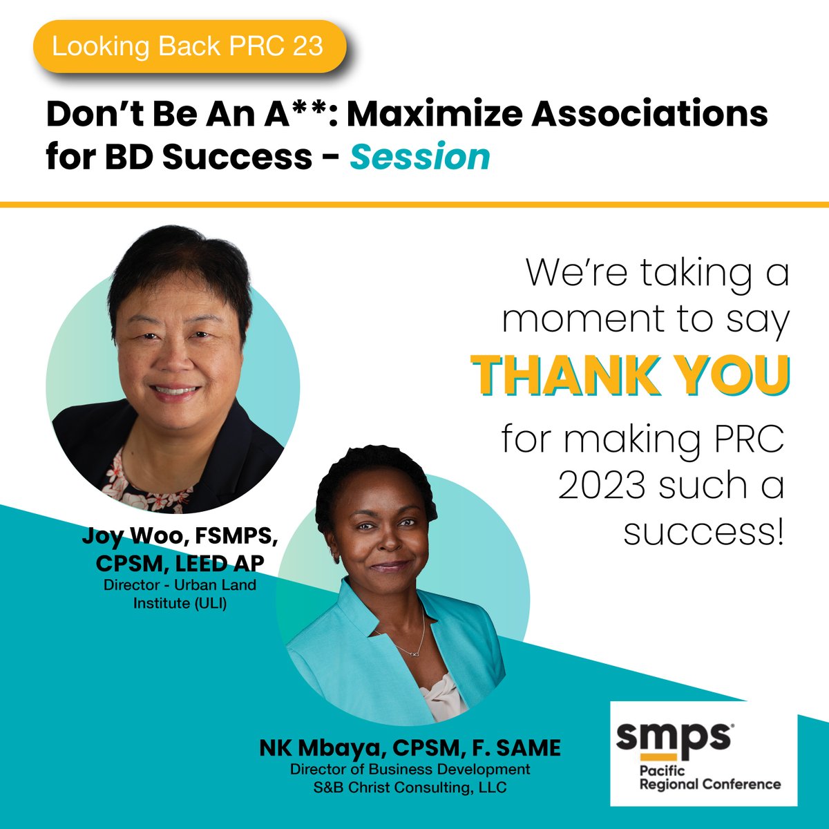 SMPSTheWave's tweet image. Looking Back PRC 23 - We’re taking a moment to say THANK YOU for making PRC 2023 such a success!

Don’t Be An A**: Maximize Associations for BD Success - Session Speakers #SMPSPRC2023