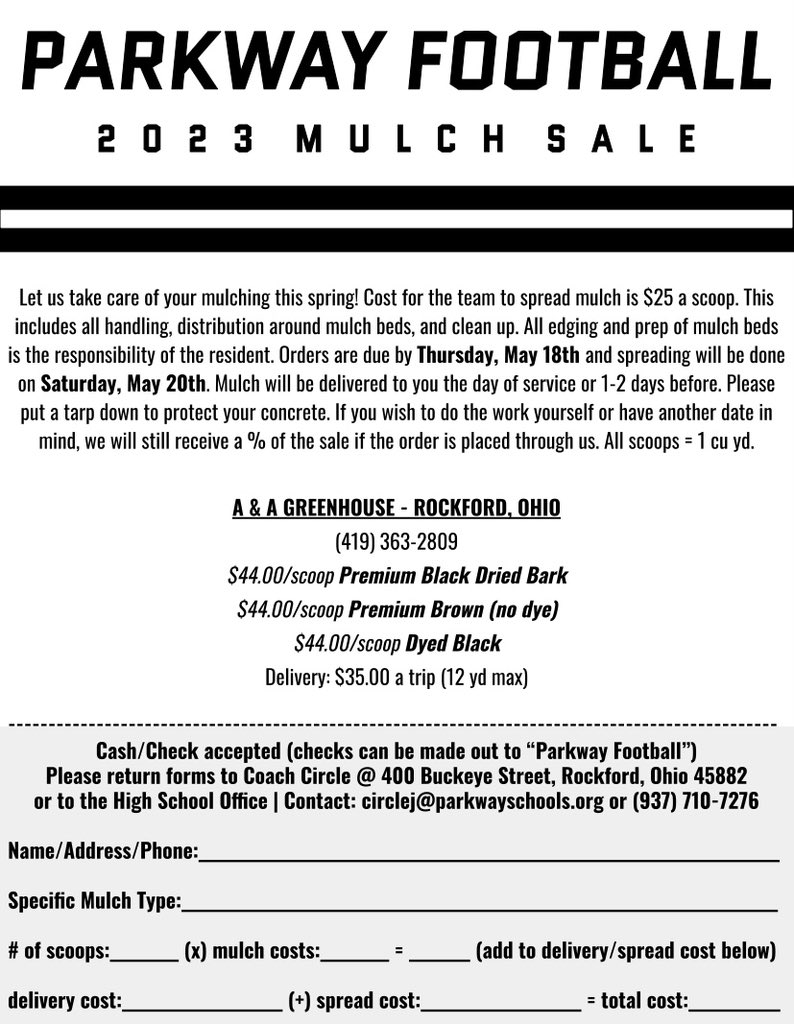 JakeCircle's tweet photo. Let the Parkway Football team take care of your mulching this spring! Forms are available in the high school office. https://t.co/PXkjJFQOQk