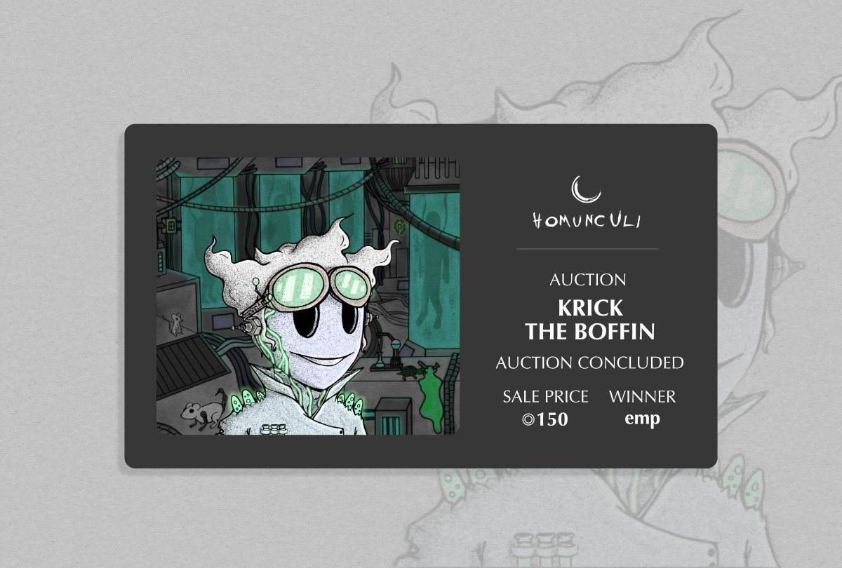 Krick the Boffin auction is now over! 

We're delighted to welcome <a href="/crypto_emp1/">emp</a> to the Hallowed Within with a bid of 150◎ 🌙