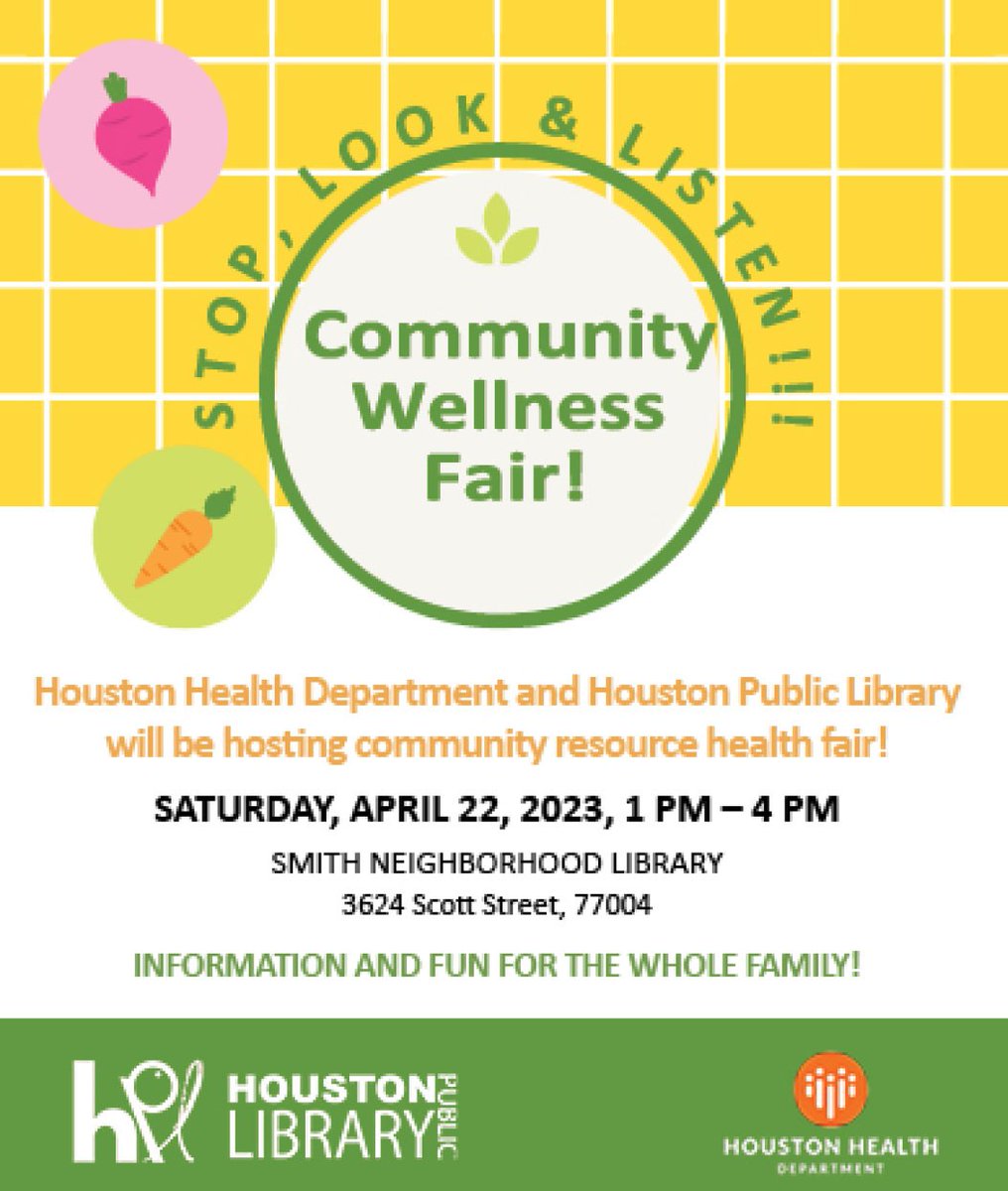 houstonlibrary's tweet image. Join us and @HoustonHealth on Saturday, April 22 at 1 PM, at Smith Neighborhood Library for a Community Wellness Fair!
There will be complimentary health screenings, raffles, music, games and much more. To sign up, visit calendar.houstonlibrary.org/event/10180672. #OneHoustonOneLibrary #ILoveHPL