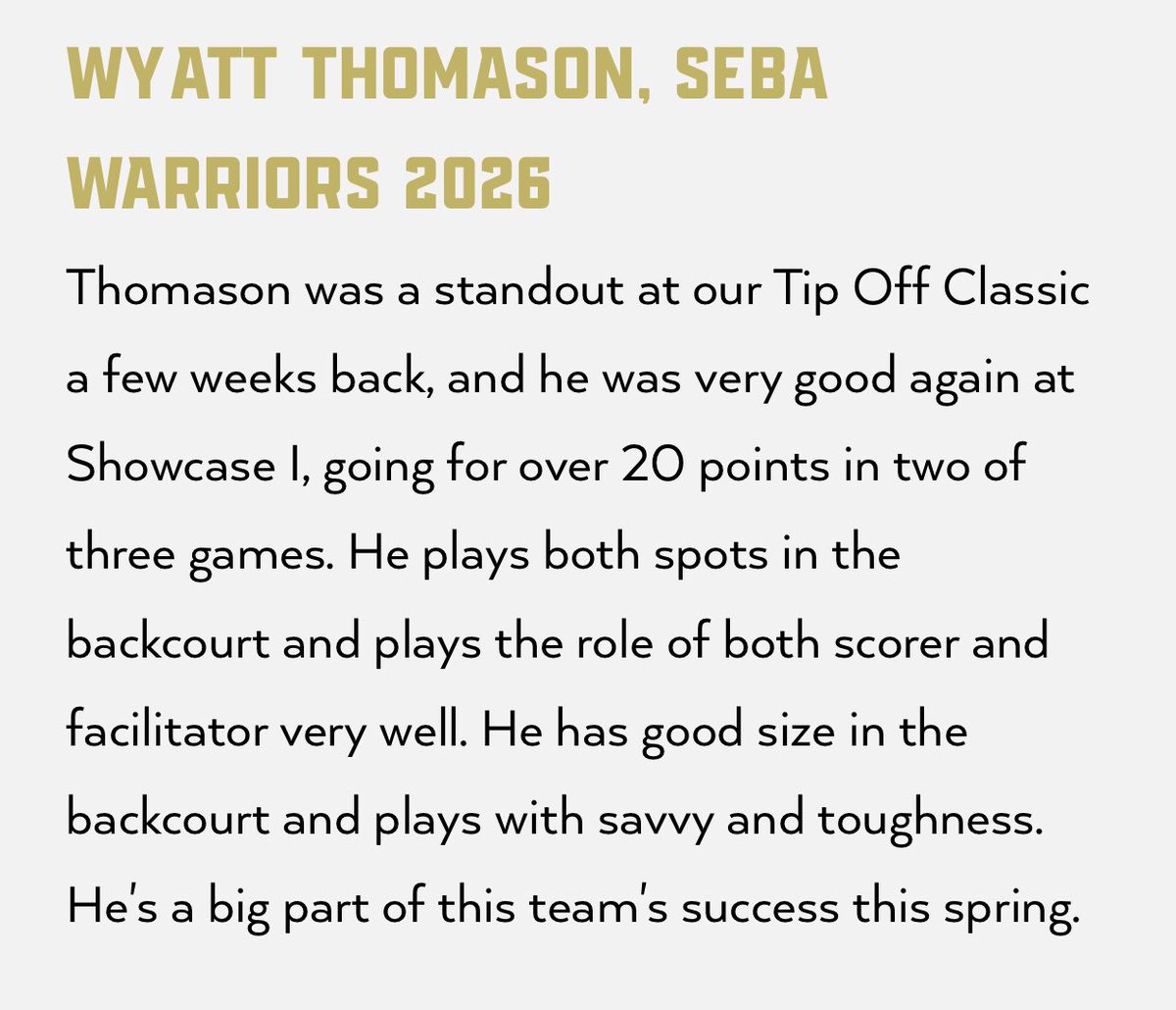 SEBARoundball's tweet photo. SEBA 2026 @wyatt_thomason3 recognized as a Top Performer in this past weekend’s @RYZEHoops Showcase. Let’s keep working Wyatt!
#HGA #FCIWarrior https://t.co/uTSFI9G2RB