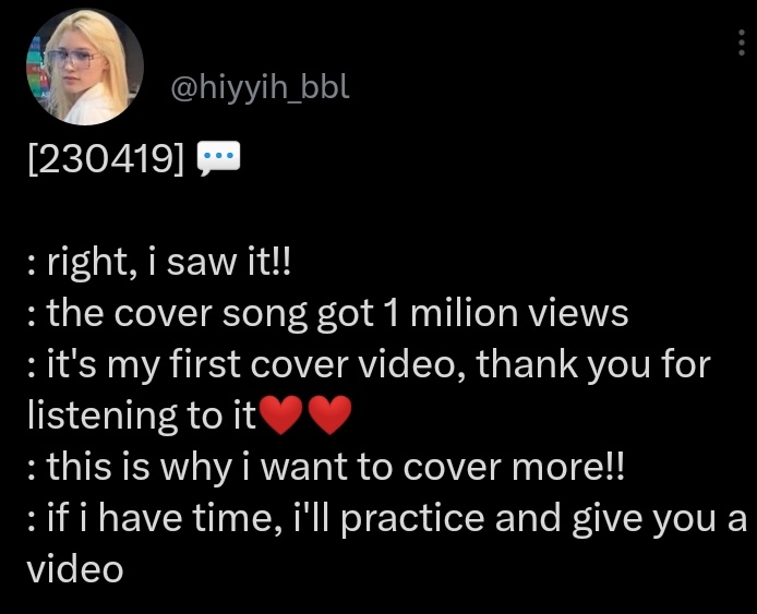 phoenixbahiyyih's tweet photo. Hiyyih vio que su cover llegó al millón de views y está muy agradecida de que recibiera tanto amor y es la razón por la que quiere seguir grabando covers en el futuro.
#HUENING_BAHIYYIH #휴닝바히에
#FallInLoveAMILLIONTimes https://t.co/GgDQNqNyFI