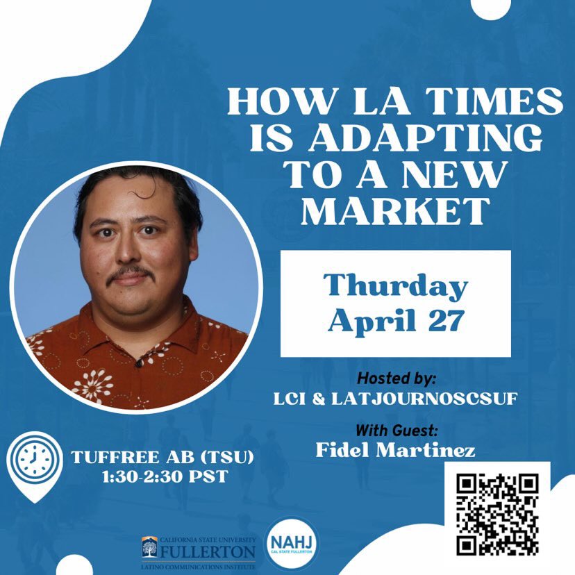 LCs!

Mark your calendars for our next great event with: <a href="/fidmart85/">Fidel Martinez</a>!!

This is a special collaboration with <a href="/latjournoscsuf/">Latino Journalists of CSUF</a>!

Fidel is the editorial director of Latino Initiatives at the Los Angeles Times!✏️ 🗞️

Sign up: forms.gle/tEXxkHkM335eN7…

Hope to see you there!