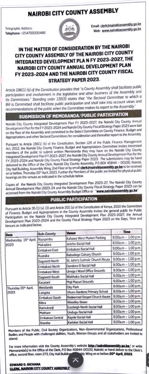 BudgeTalkGlobal's tweet photo. 📣 Call for Public Participation by #Nairobi #CountyAssembly on the #CIDP3, #CFSP2023 & #ADP 2023/2024.
This is the last chance for the public to give their input before the docs are approved to become policy documents.
Decisions are made by those who attend govt. led spaces! https://t.co/5GLD9fBGgA