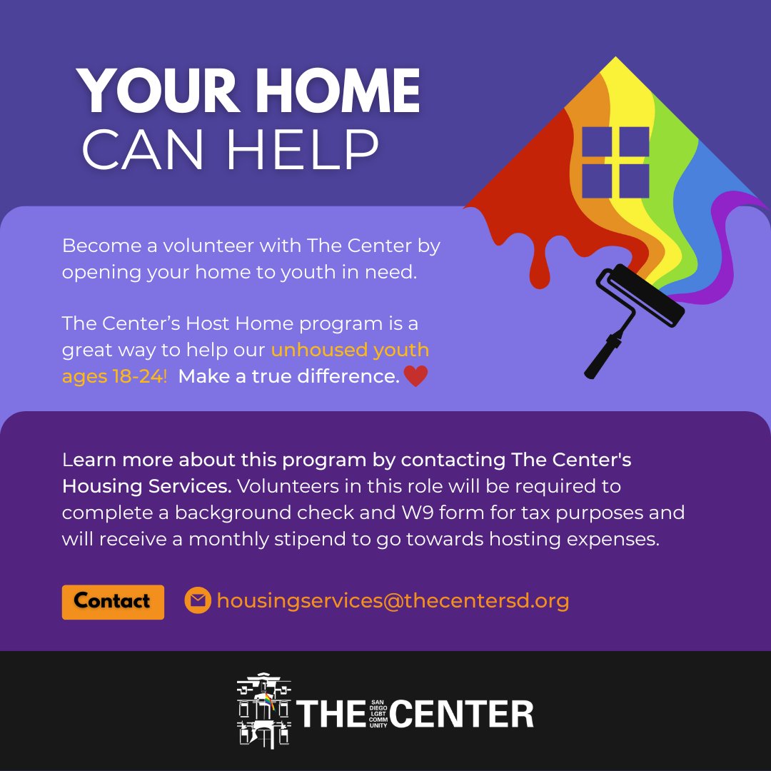 LGBT Center San Diego (@lgbtcenter) on Twitter photo ๐ ๐ Everyone deserves a home, and an affirming space that they feel welcomed and safe. Volunteer with The Centerโs Host Home Program and make a true difference in the lives of our unhoused LGBTQ youth!
๐จ Learn how to get involved: housing@thecentersd.org ๐ ๐ Everyone deserves a home, and an affirming space that they feel welcomed and safe. Volunteer with The Centerโs Host Home Program and make a true difference in the lives of our unhoused LGBTQ youth!
๐จ Learn how to get involved: housing@thecentersd.org