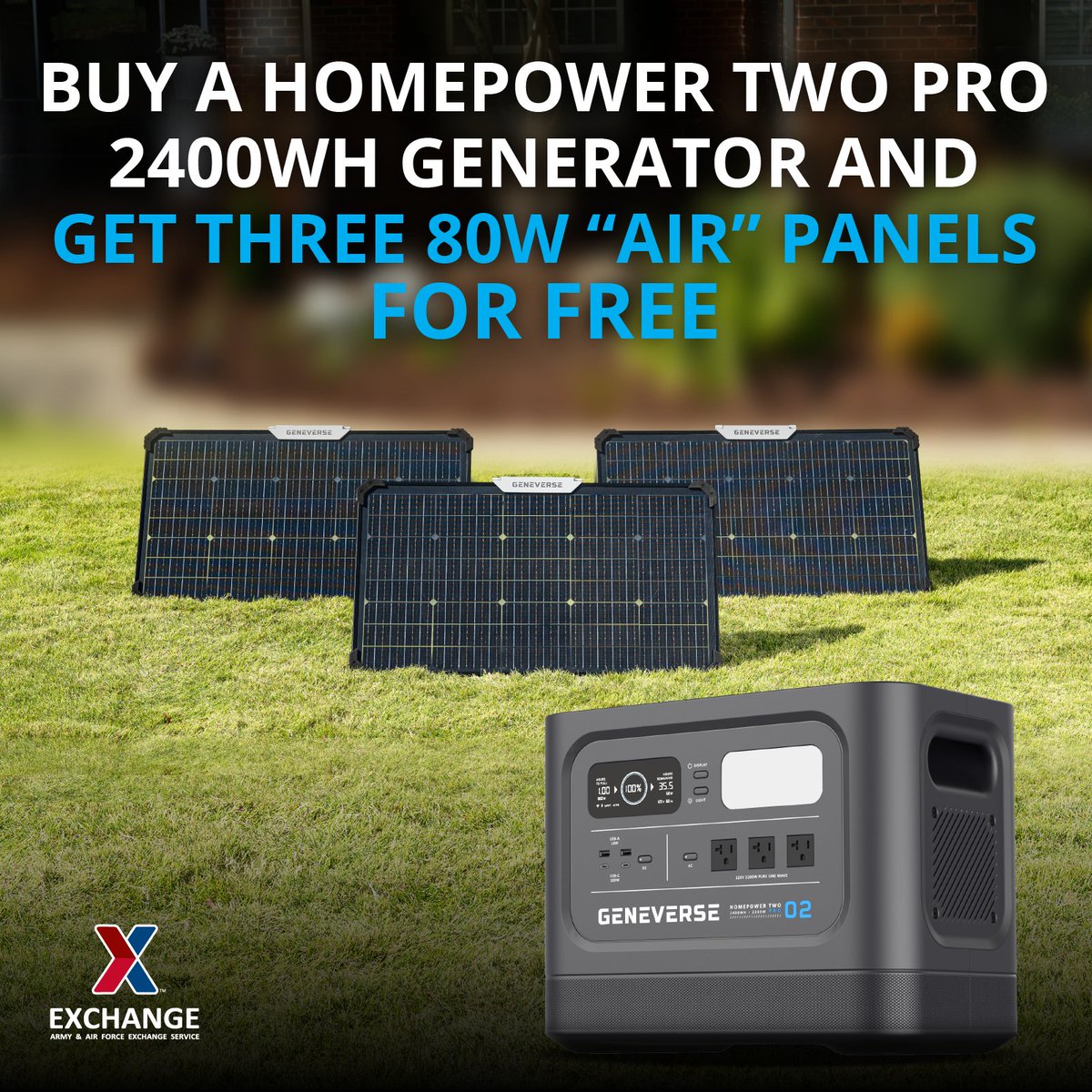 geneversepower's tweet photo. Buy a HomePower TWO PRO 2400Wh Generator and get three 80W AIR Panels for Free‼️Only at the AAFES Exchange.
👉https://t.co/eCc765jOJ7
#airpanel #indoor #outdoor #solarpanel #generator #power #greenenergy #renewableenergy #military #AAFES #shopmyexchange #offgrid #offgridpower https://t.co/18lhgISm8n