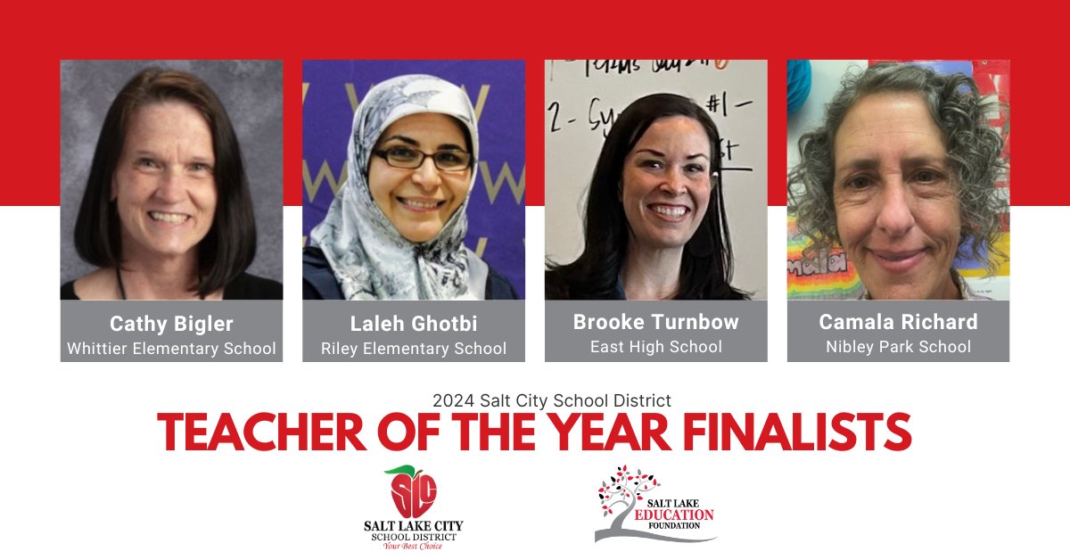 Congratulations to the <a href="/slcschools/">SLC School District</a> 2024 Teacher of the Year finalists! Cathy Bigler, Laleh Ghotbi, Brooke Turnbow and Camala Richard are exceptional educators who highlight the phenomenal instruction, dedication and care that is a hallmark of the district. #EdFoundationSLC #uted