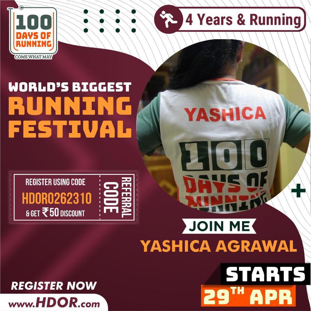 Yashica_Agrawal's tweet image. Dear friends, 

I have registered for the 9th edition of 100 Days of Running, which starts on 29th April. 

Run a minimum of 2 km a day for 100 days and take your fitness to the next level. 

#100DaysOfRunning #HDOR #ComeWhatMay #TakeTheChallenge