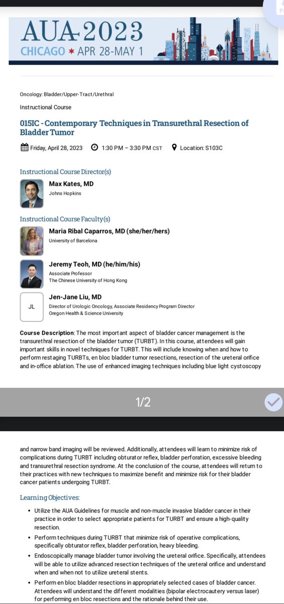 Coming to AUA? Join us next Friday April 28 for a great course with international faculty: Contemporary techniques in TURBT. <a href="/jteoh_hk/">Jeremy Teoh</a> <a href="/MariaJRibal/">Maria J. Ribal</a> <a href="/JJLiuMD/">Jen-Jane Liu MD</a>. <a href="/AmerUrological/">Amer. Urol. Assn.</a> #AUA23