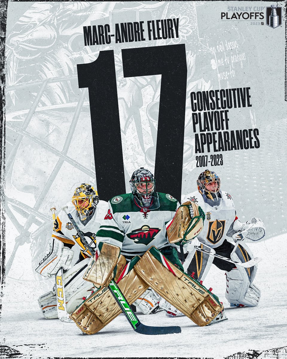 NHL's tweet image. 🌸 FLOWER POWER 🌸

Marc-Andre Fleury has now appeared in 17 straight #StanleyCup Playoffs, beginning back in 2007! 🤯

🇺🇸: @espn ➡️ spr.ly/6010OPtPQ
🇨🇦: @Sportsnet ➡️ spr.ly/6011OPtPv #NHLonSN