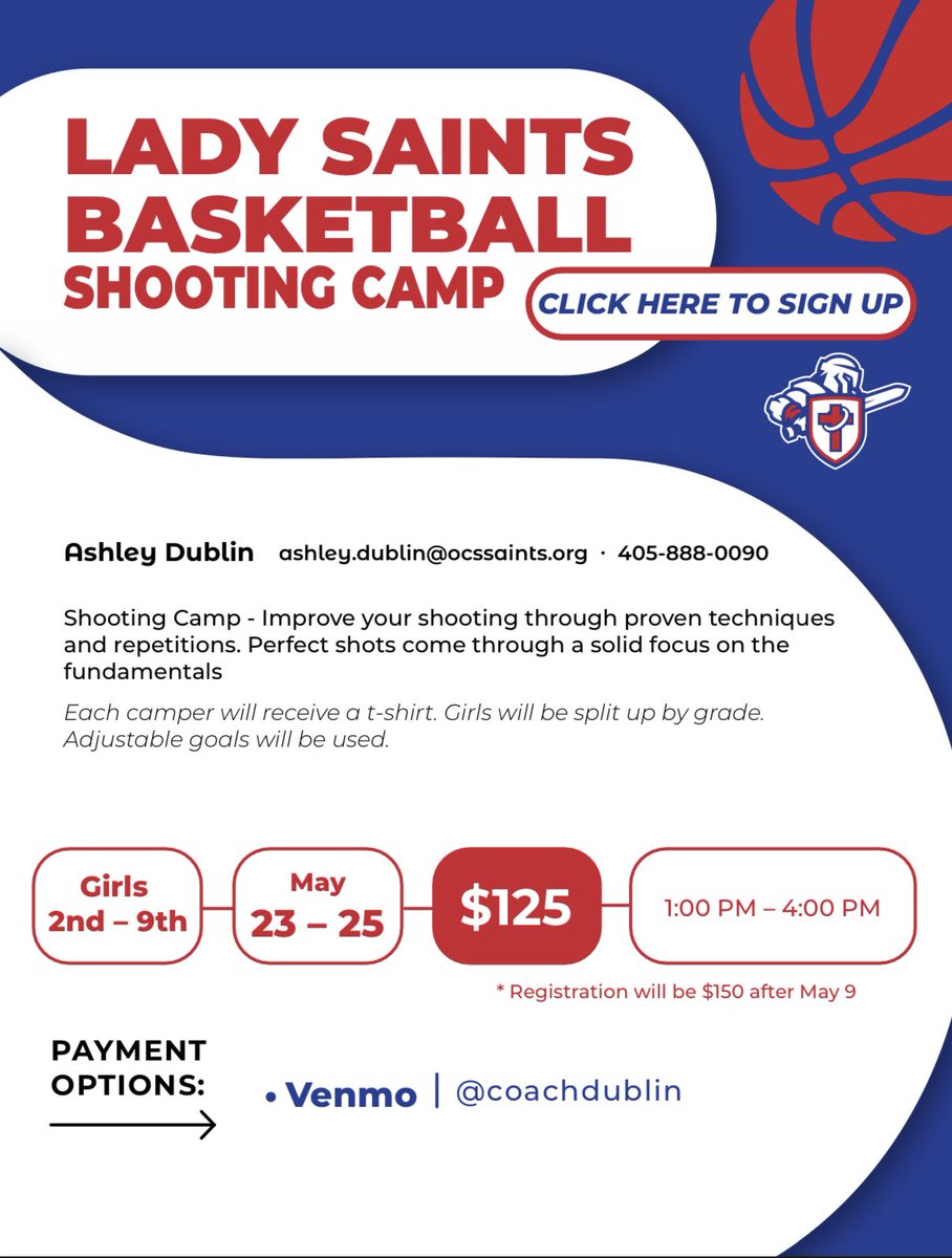 OCS Lady Saints Shooting Camp🏀🏀
May 23-25, 2023
2nd-9th grade

Sign up below!

docs.google.com/forms/d/e/1FAI…