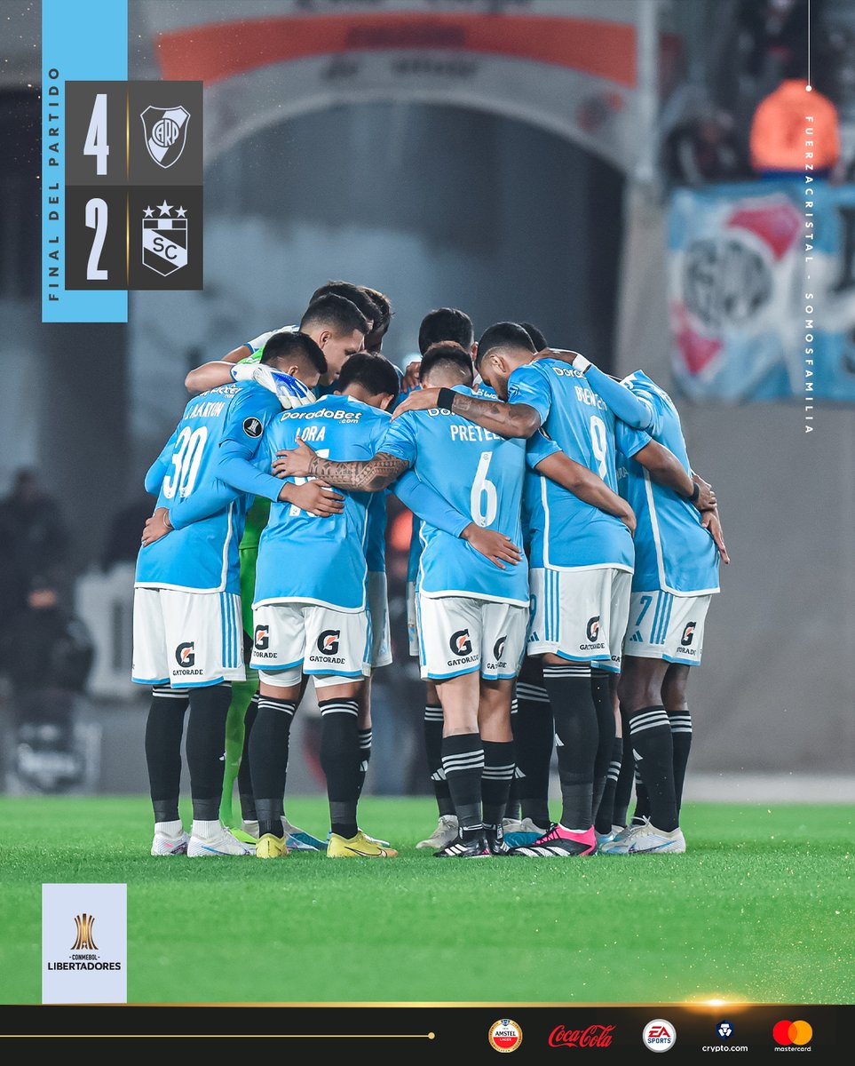 ClubSCristal's tweet photo. Final del partido en Argentina.

River Plate 4-2 Sporting Cristal

🏆 @Libertadores

#FuerzaCristal
#SomosFamilia https://t.co/6ZvdMLRzKF