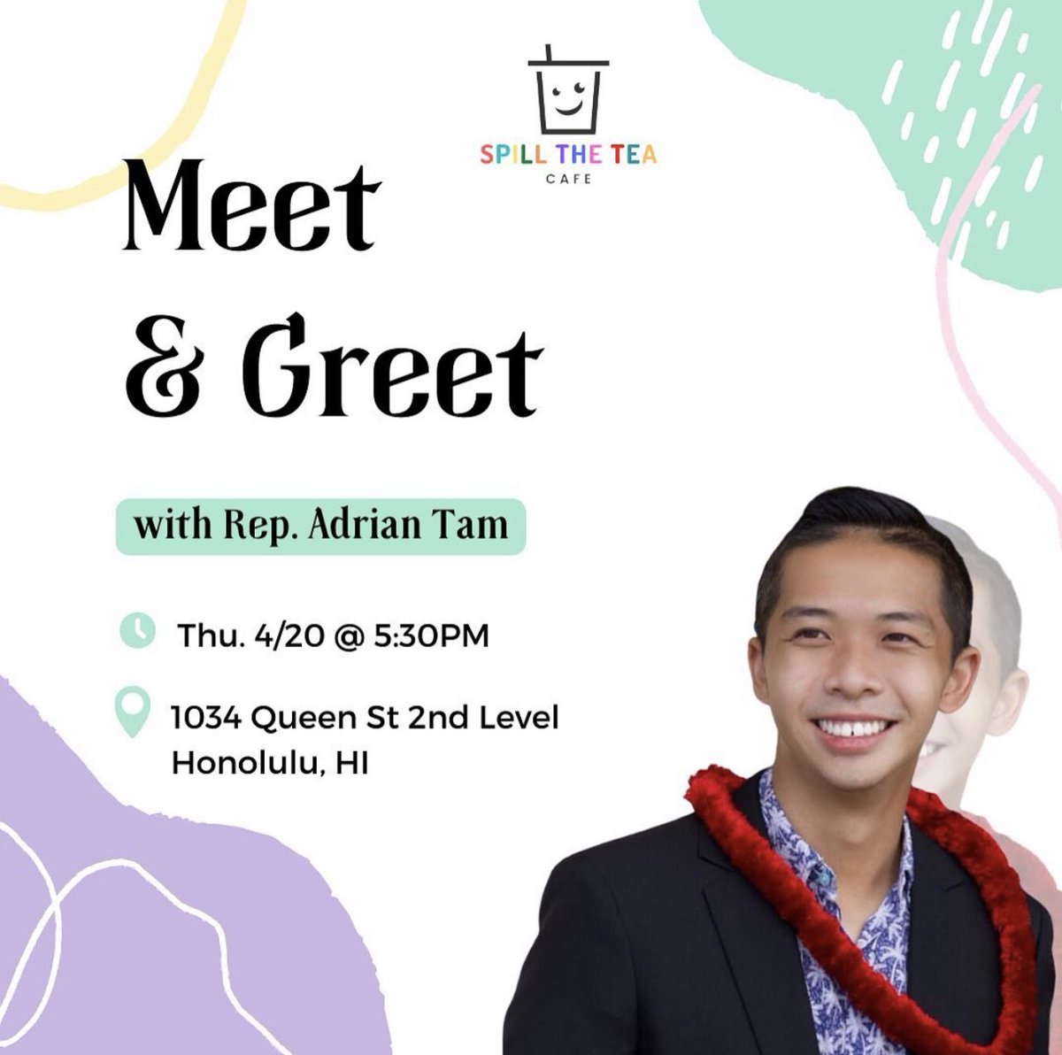 We’re excited to share that Rep. Adrian Tam, our State Representative for the 24th District, will be visiting us this Thursday, April 20th at 5:30PM. 😱

If you’d like to personally meet him, please come join us. ❤️🧡💛 We cannot wait and hope to see you all there! <a href="/adrianktam/">Adrian Tam</a>