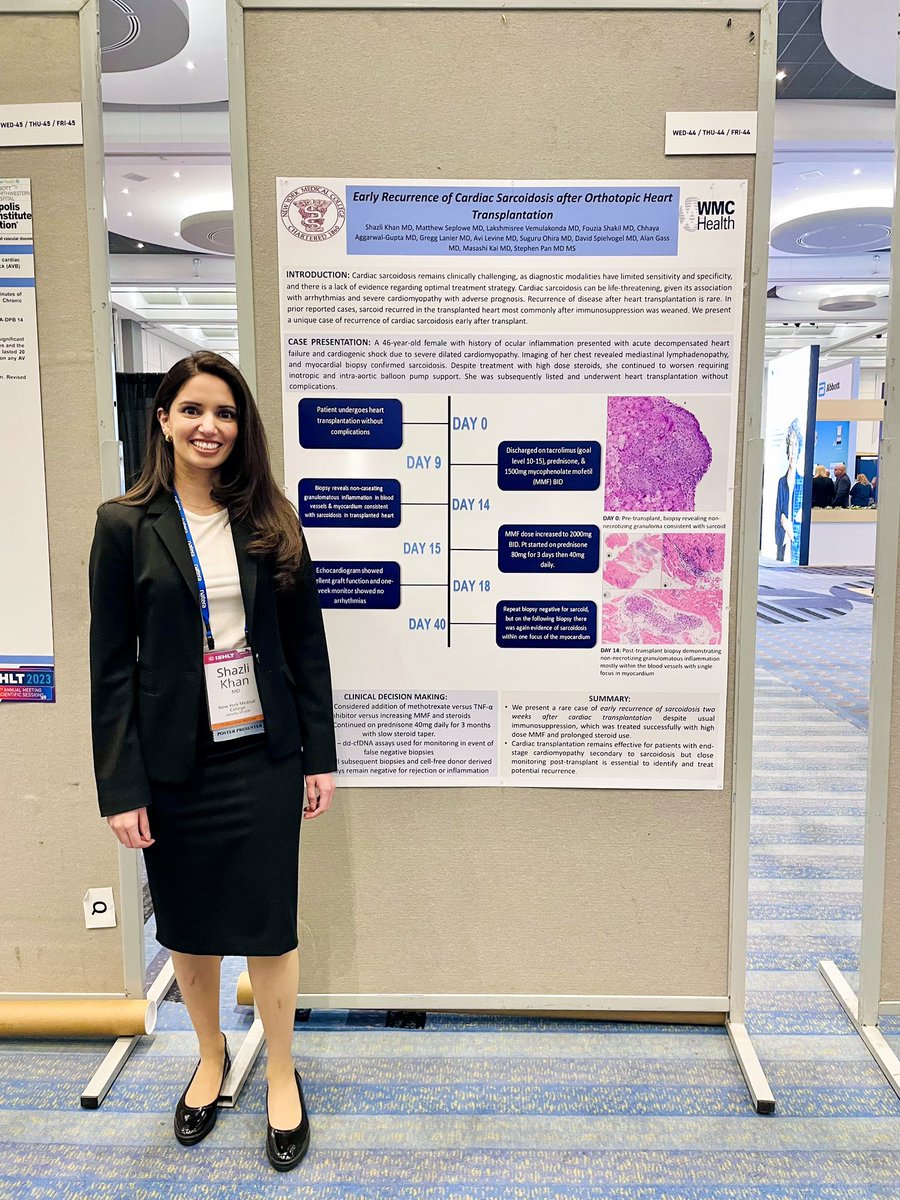 Grateful for the opportunity to present a rare case of recurrent cardiac sarcoidosis ‼️2 weeks ‼️ after heart transplant under the mentorship of @stephenpanmd at #ISHLT2023 !