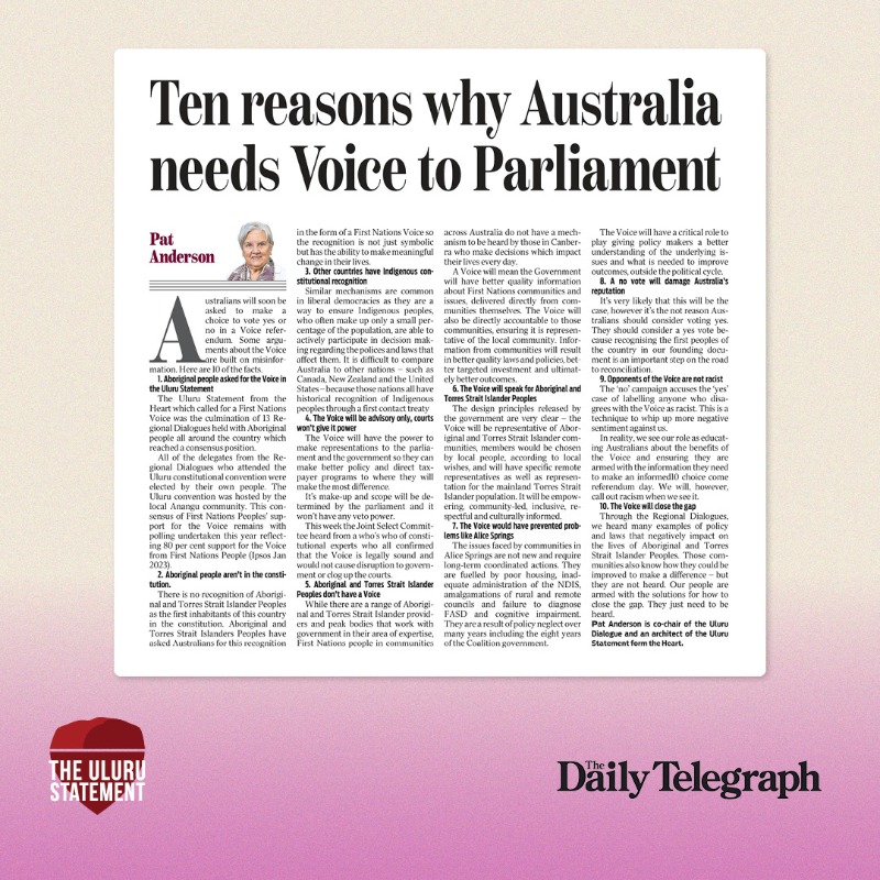 ulurustatement's tweet photo. Want to know more about the Voice? 

Here are the facts from Alyawarre woman, architect of the Uluru Statement and Uluru Dialogue Co-Chair Pat Anderson, one of the First Nations women who was there when the Uluru Statement was created.

Read the full article via the link below: