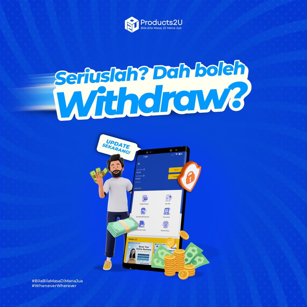 Products2You's tweet photo. Yes, dah boleh! 😍 Yang belum update application P2U korang, update sekarang di app store masing masing! 

Korang nak tahu cara Withdraw, tak? 

#BilaBilaMasaDiManaJua #WheneverWherever #BridgingTheGap #Products2U #P2U https://t.co/coXPVt9uZy