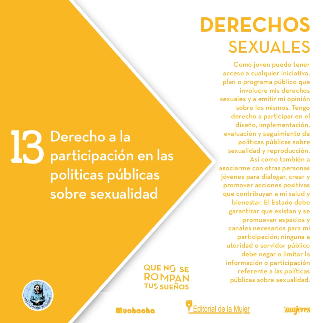 MuchachaRevista's tweet photo. #CitaConTusDerechos 

¡Muchacha! ¡Muchacho! 📌 Aquí te entregamos los últimos post sobre los #DerechosSexuales y #reproductivos.

😎 Conocerlos es vital para poder ejercerlos y reclamarlos.

#EducaciónSexual #SexualidadSegura @CenesexCuba @FMC_Cuba https://t.co/COnhCoFC2c