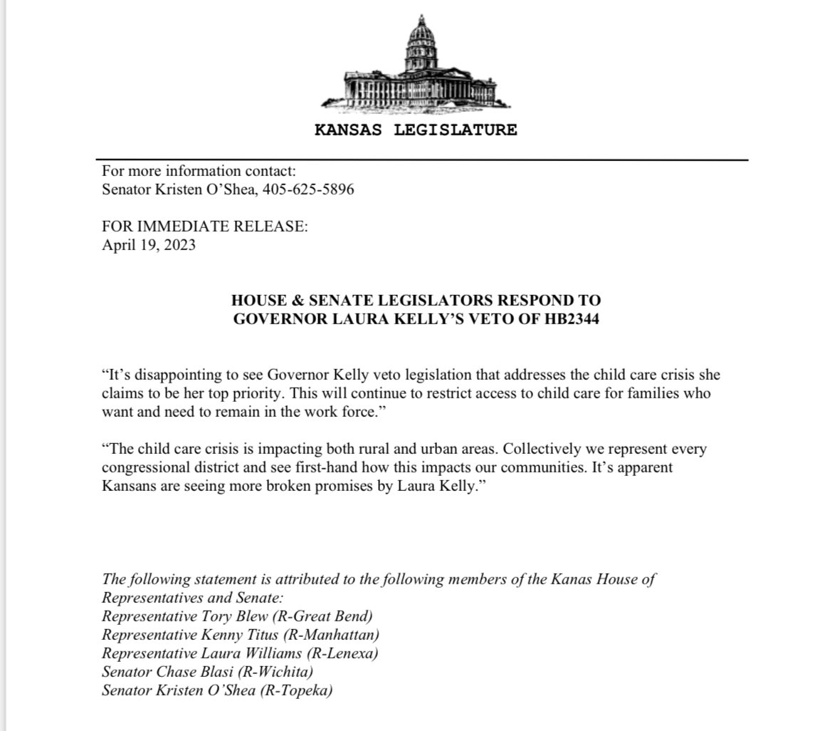 The Governor said we could meet in the middle and childcare was a top priority. When we wanted to work on this issue, her administration refused to work with us. The Governor is blocking safe and meaningful change bc it wasn’t her idea. #ksleg