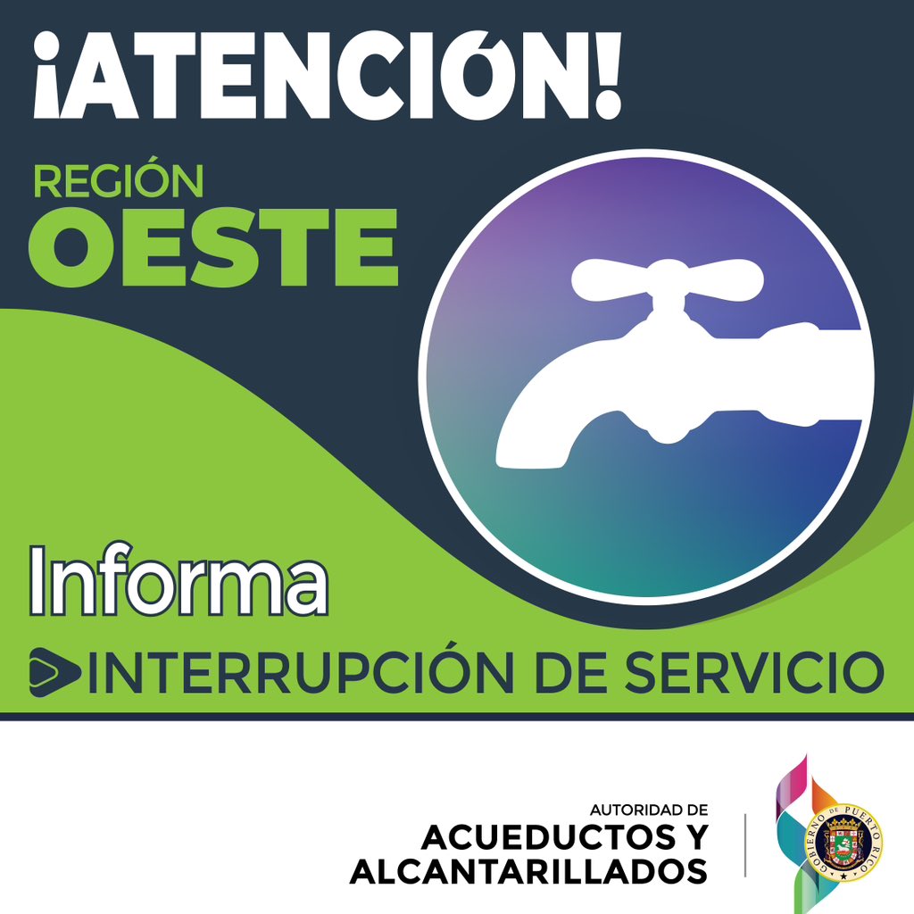 AcueductosPR's tweet photo. [Atención] Debido a una avería en la línea de aguas crudas, la planta de filtros Miradero en Mayagüez está en baja producción. Se coordinan trabajos de reparación. Bajas presiones e interrupción del servicio de agua en sectores de Mayagüez, Añasco, y Rincón. https://t.co/3NuBtwj5Kx