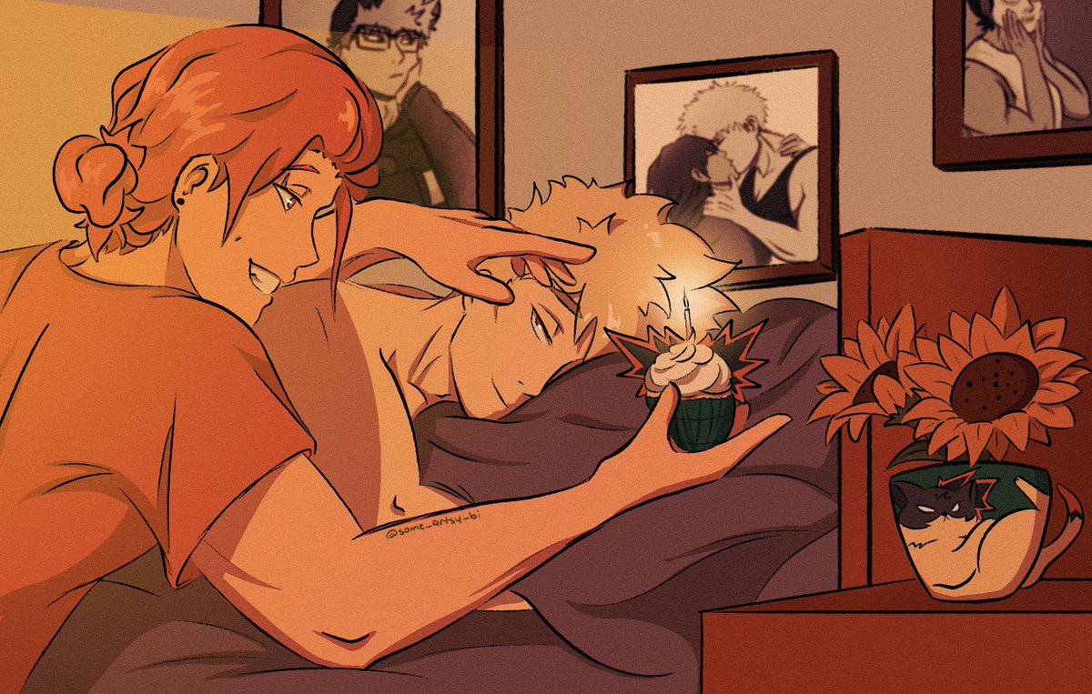 some_artsy_bi's tweet photo. “Rise and shine, birthday boy”

Happy birthday Bakugou 🎉❤️ he deserves all the love and Dynamight-shaped cupcakes

#KRBKWeek2023 (combining the prompts from day 2, 4 and 7) https://t.co/rGbp96b8nG