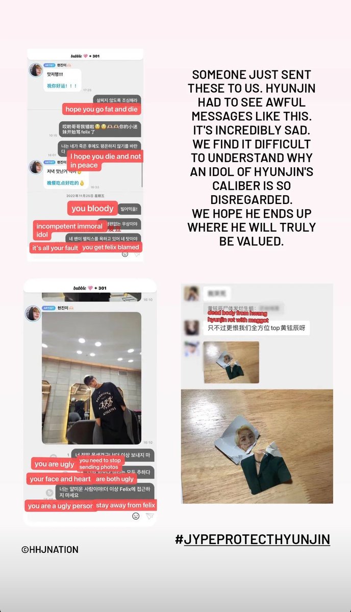 HyunSeobgirl's tweet photo. ‼️ Esto está llegando muy lejos, después de todo este dolor enterarme de esto es un horror. El acoso a Hyunjin por los haters llegó a tanto que incluso por BUBBLE recibió fotos y mensajes abusivos y horribles, cuáles puede llegar a ver. 
#JypeProtectHyunjin #JYPEProtectStrayKids https://t.co/6tDREIKgfd