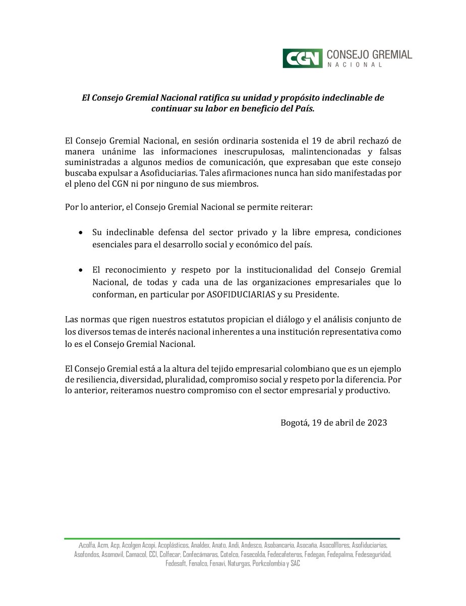 El <a href="/ConsejoGremial/">Consejo Gremial</a> ratifica su unidad y propósito indeclinable de continuar su labor en beneficio del País.