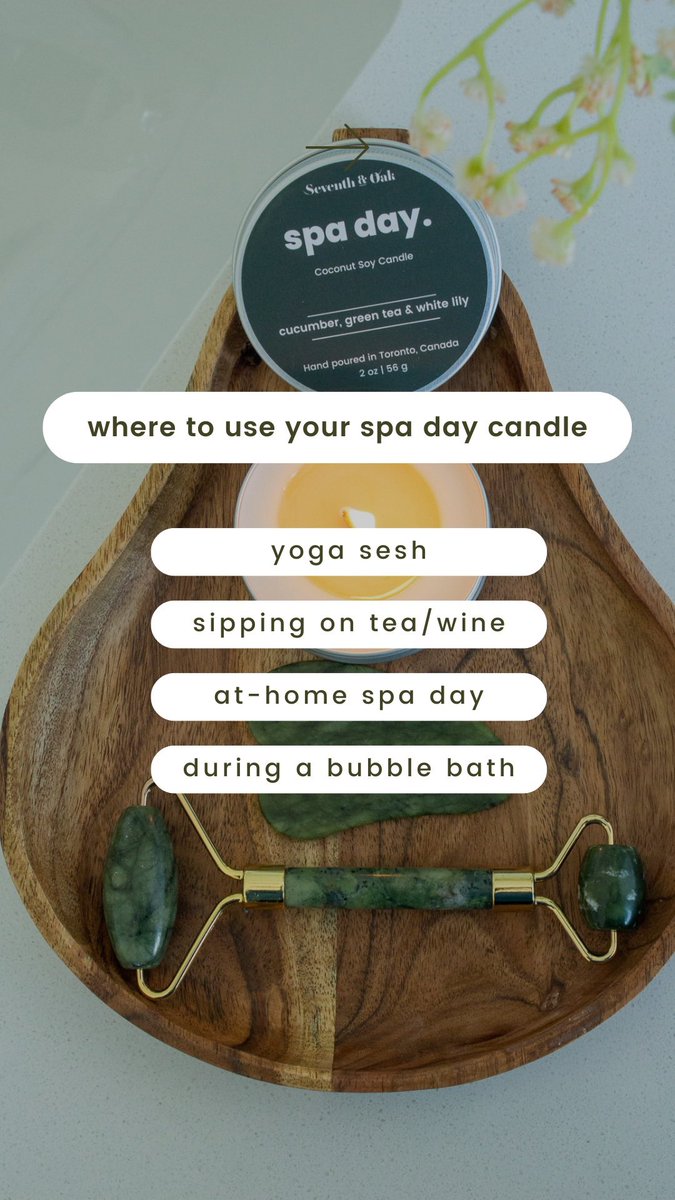 Chill out and relax with our Spa Day candle! Breathe in the soothing scents of crisp cucumber, green tea, and white lilies while the wood wick creates a cozy vibe. It's the perfect way to de-stress after a long day! 

seventhandoak.com/shop/p/spa-day