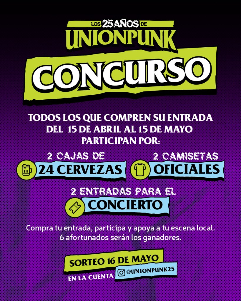 69_segundos's tweet photo. ¿Ya tienes tu entrada? 

Ponte 🔋que el cupo es limitado y es un único concierto celebrando los 25 años de la UNIÓN PUNK.

Estaremos tocando con @GxOxE #PAVIMENTO e #INWAIT, con quien no tocamos hace más de 15 años. 

Entradas aquí: https://t.co/lCtxJPoLMR https://t.co/ezVvLnlJDQ