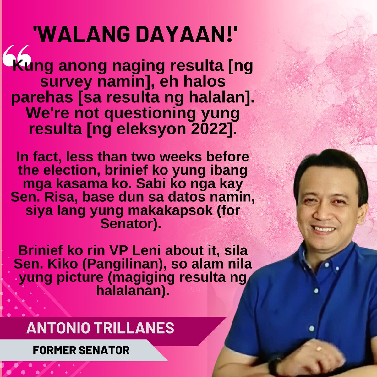 Tabe mga pink, at baka madumihan niyo si Antonio... Ayaw daw kayo suportahan sa naratibong SD CARDS at DINAYA kayo. So pano ngayon yan? 🤭