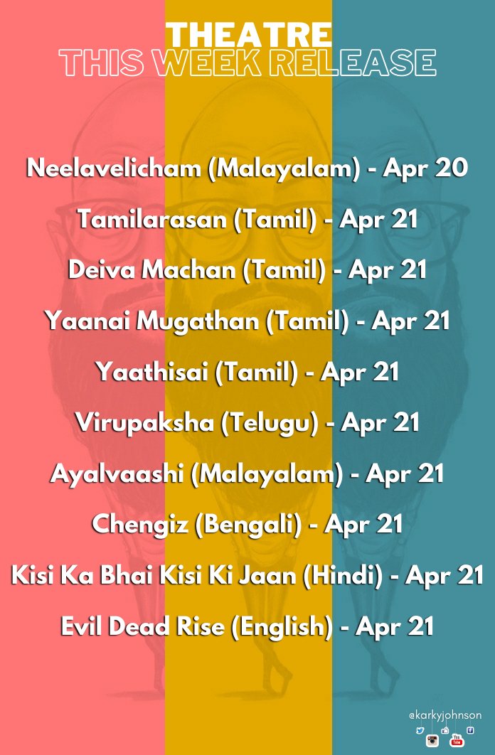 karkyjohnson's tweet photo. This Week Release! #TWR

#AashiqAbu's #Neelavelicham, #VijayAntony's #Tamilarasan, #Vemal's #DeivaMachan, #YogiBabu's #YanaiMugathan, #SDT's #Virupaksha, #SoubinShahir's #Ayalvaashi, #Jeeth's #Chengiz, #SalmanKhan's #KisiKaBhaiKisiKiJhan, #LeeCronin's #EvilDeadRise and more on... https://t.co/tJYtWJPgGZ