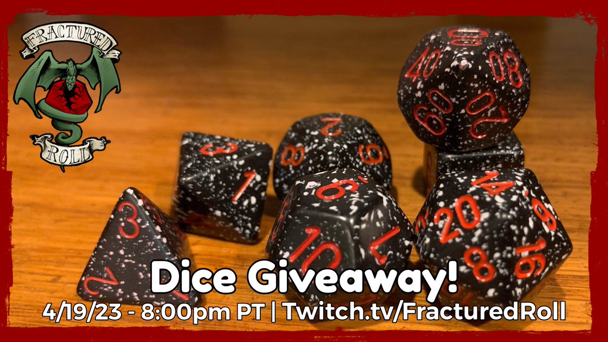 Tonight!! Dice Giveaway!! 
For a chance to win:
✅ Like and RT
✅ Follow
Then tune in tonight (Weds) at 8pm PT to watch and maybe win! 
twitch.tv/fracturedroll
#DND #actualplay #DungeonsAndDragons