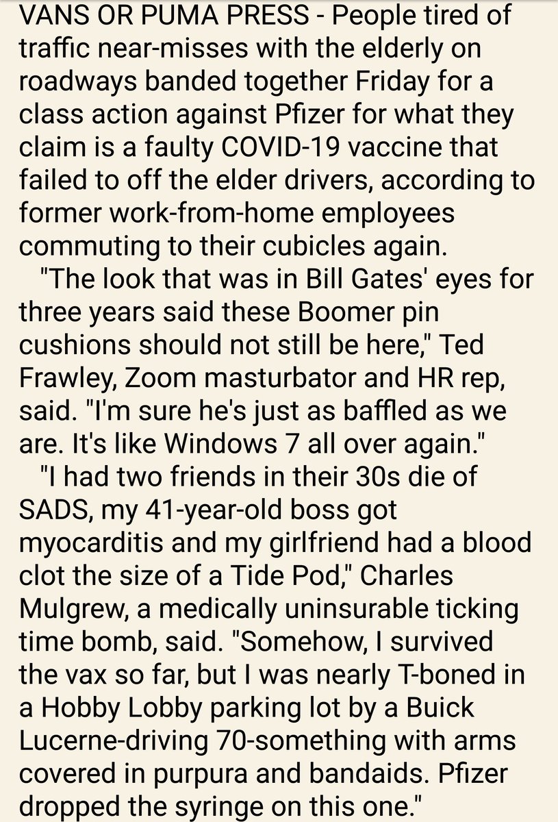 Person33SaTiRe's tweet image. Drivers Annoyed Old People Still Alive And On The Road Sue Pfizer For Faulty Product