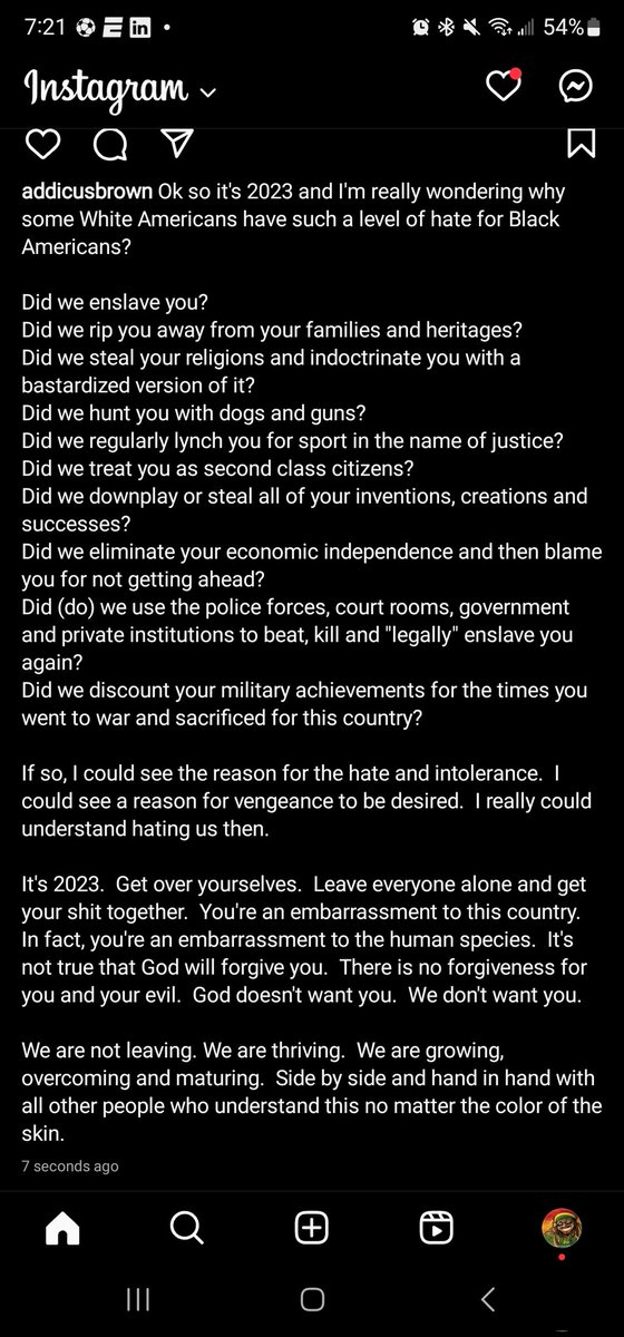addicusbrown's tweet photo. I'm super perplexed about the hate and desire to destroy Black and other people of colors lives by some White Americans.  It makes absolutely no sense.  We are not the harborers of evil deeds and injustices.  There is no fertile ground for them to stand on. https://t.co/f1Vm2vsVAL