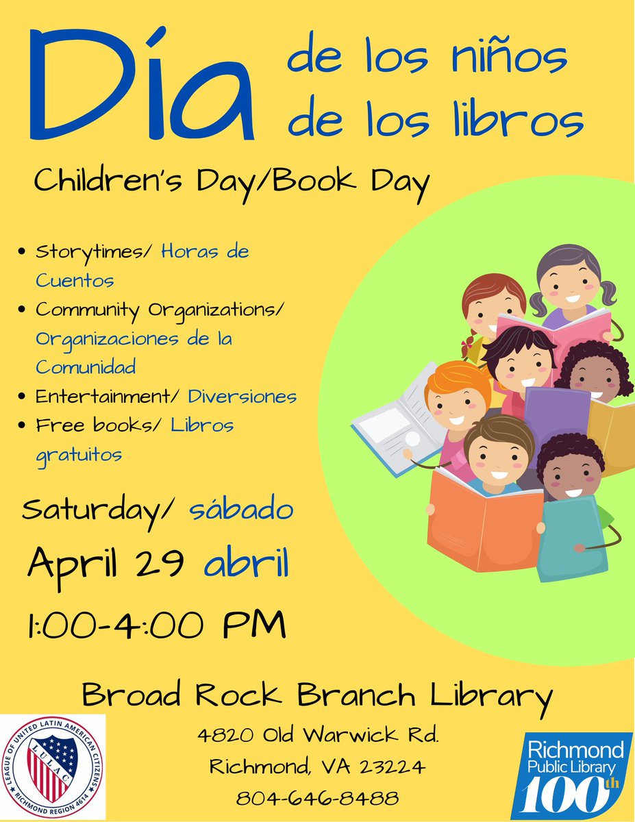 Join the celebration!
Día de los Libros / Día de los Niños
April 29th, 2023 1PM-4PM
Broad Rock Branch Library
4820 Old Warwick Road  Richmond, VA  23224