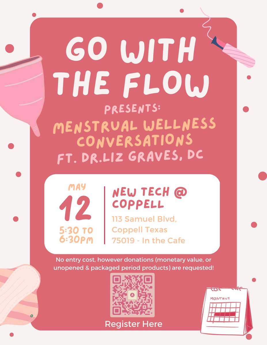 GWTF is hosting a Menstrual Wellness event featuring Dr. Liz Graves from <a href="/Back2RealFood/">Back2RealFood</a> on May 12th! Be sure to RSVP through the QR code! This is a free event but donations are highly appreciated, we hope to see you there! #menstrualeducation #periodstigma #cisd #nthcinspire