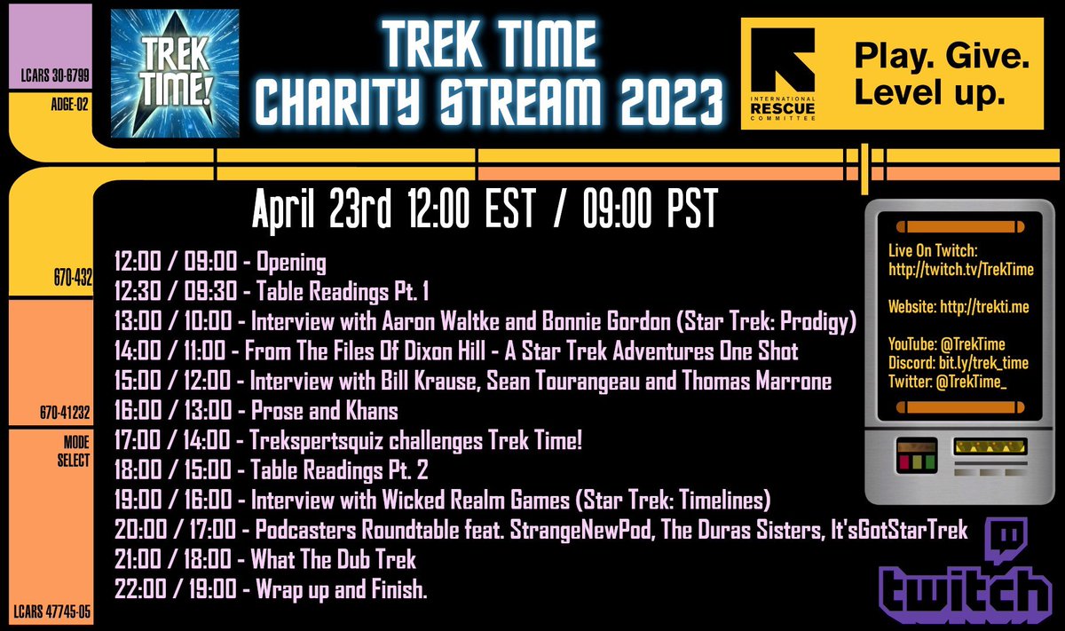 TiltingPoint's tweet photo. On Sunday April 23rd, @TrekTime_ will be hosting a #charitystream featuring table readings and special #StarTrek-themed guests, to support @RESCUEorg.

https://t.co/8aF8B1RskB

@StarTrekOnPPlus #llap #charity #twitch #livestream #rescue #rescueorg #TiltingPoint #raiseyourgame https://t.co/nxB1H5ZXkx