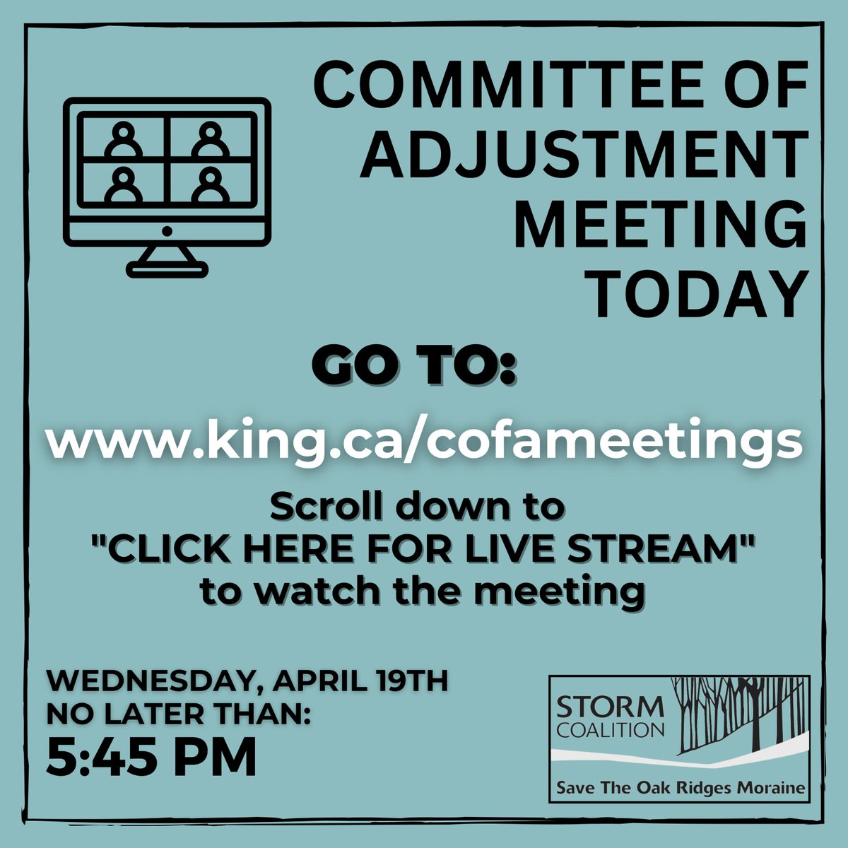 STORMCoalition's tweet photo. Today is the day! Show your support for the protection of the Oak Ridges Moraine by attending the King Committee of Adjustment live stream. Let’s show the CoA how many ORM stewards are willing to fight this fight. No new development at Mary Lake!
https://t.co/N2wtjFC4QW
#kingc https://t.co/04tcYSRSBq