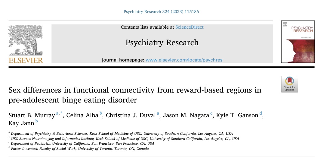 For too long, neuroimaging studies assessing #EatingDisorders have focused on female samples, neglecting males and possible sex differences.

In our new paper, we assess sex differences in #FunctionalConnectivity in pediatric #BingeEatingDisorder.

sciencedirect.com/science/articl…