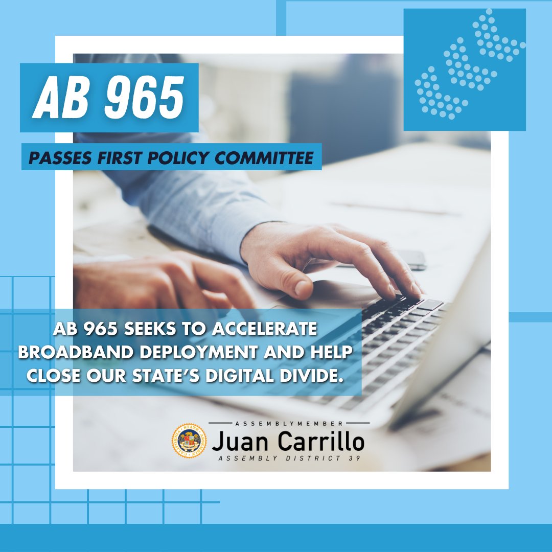 AsmJuanCarrillo's tweet photo. #AB965 streamlines the broadband permit process in CA by allowing installers to submit a batch of nearly identical permits together for review and action. This will expedite broadband infrastructure deployment, bridge the digital divide, and connect communities. https://t.co/ZKhtVWMkO8