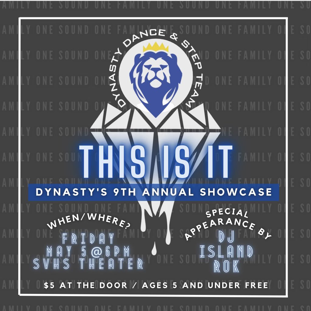 💎JOIN US!💎 Dynasty’s 9th Annual Showcase 💃🏻🕺🏾Friday, May 5th @ 6pm in Sierra Vista’s theater (8100 W. Robindale Road, Las Vegas, NV 89113)
**$5 flat rate at the door** 
#VistaDynasty💎  #Showcase #OneFamilyOneSound #DanceTeam #StepTeam #D4L #Stepping #StepIsLife #DanceIsLife