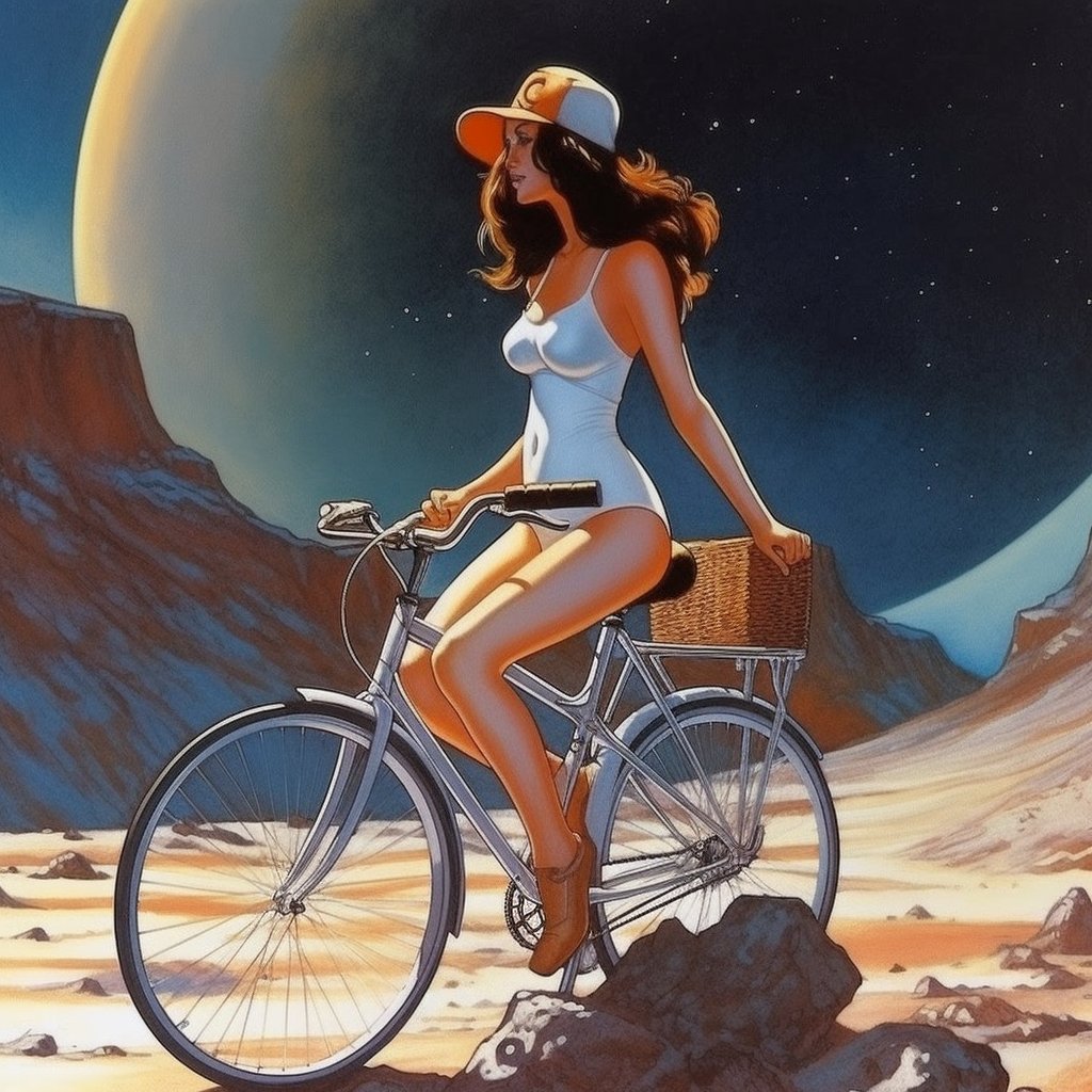 BunsOfAluminum's tweet photo. #365DaysOfAI Topic: Bicycle
With her bike as her trusty companion, she explored the mysterious planet with fearless curiosity. The beauty of the landscape paled in comparison to the stunning woman blazing a trail through the unknown. #fearless #beautyandthebike #alienexploration https://t.co/bXUS7wMVmc