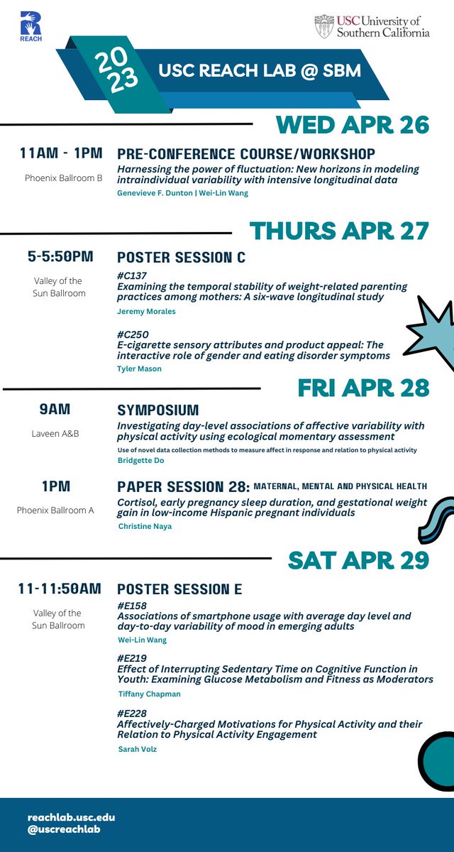 Genevieve Dunton, PhD, MPH (@genevievedunton) on Twitter photo Attending SBM next week? Come check out our USC REACH Lab presentations on EMA, multilevel modeling, physical activity, eating, fitness, glucose, cortisol, weight gain, cognitive function, parenting practices, screen time. See you there! #SBM2023 <a href="/SBM_PASIG/">SBM Physical Activity Special Interest Group</a> <a href="/SBMDigitalHlth/">SBMDigitalHealth</a> Attending SBM next week? Come check out our USC REACH Lab presentations on EMA, multilevel modeling, physical activity, eating, fitness, glucose, cortisol, weight gain, cognitive function, parenting practices, screen time. See you there! #SBM2023 <a href="/SBM_PASIG/">SBM Physical Activity Special Interest Group</a> <a href="/SBMDigitalHlth/">SBMDigitalHealth</a>