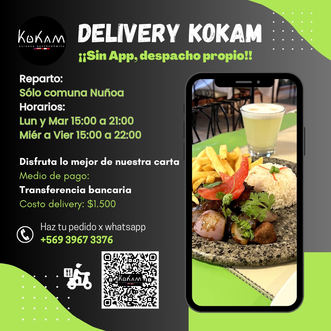 KokamRestaurant's tweet photo. ¡𝘼𝙩𝙚𝙣𝙩𝙤𝙨 𝙆𝙤𝙠𝙖𝙢 𝙇𝙤𝙫𝙚𝙧𝙨! Ahora, con nuestro 𝙨𝙚𝙧𝙫𝙞𝙘𝙞𝙤 𝙙𝙚 𝙙𝙚𝙡𝙞𝙫𝙚𝙧𝙮, puedes disfrutar lo mejor de nuestra carta, en la comodidad de tu hogar.
¡Solo escríbenos por WhatsApp para hacer tu pedido! +569 3967 3376 https://t.co/ttw5YLX0x4