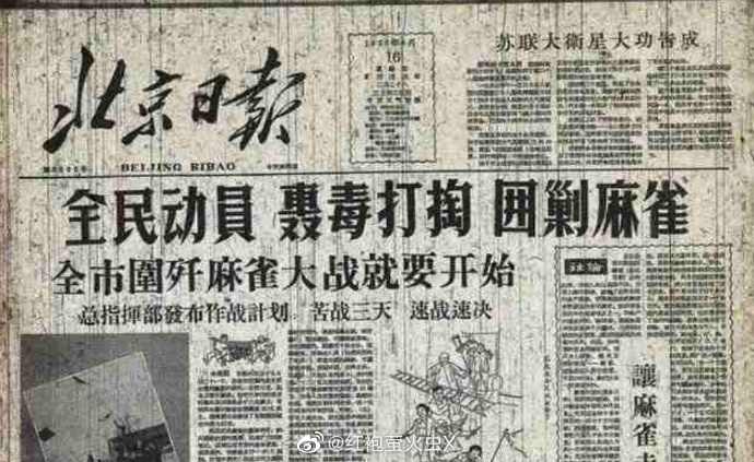 zhu0588's tweet photo. @红袍萤火虫X 
 #历史上的今天# 1958年4月19日，从清晨五时开始，北京布下天罗地网，围剿麻雀。全市300万人民 经过整日战斗，战果极为辉煌，首日打死麻雀8.3万只，三天内消灭麻雀40万只。1958年3月至11月上 旬，全国共捕杀麻雀19.6亿只，全国的麻雀基本绝迹。(1/2) https://t.co/8F8Cjbnbtp